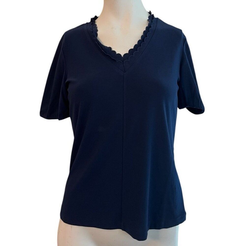 Cece Women's XS Navy Blue Scalloped V Neck Trim Top Short Sleeve Blouse
